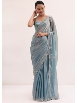 KALKI FASHION - Powder Blue Embroidered Chinnon Saree with Unstitched Blouse