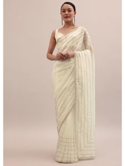 KALKI FASHION - White Embroidered Tissue Saree with Unstitched Blouse