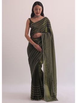 KALKI FASHION - Mehendi Green Crush Tissue with Cut Dana Embellished Saree with Unstitched Blouse