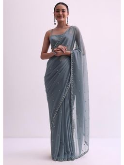 KALKI FASHION - Grey Georgette with Sequins Fabric Saree with Unstitched Blouse