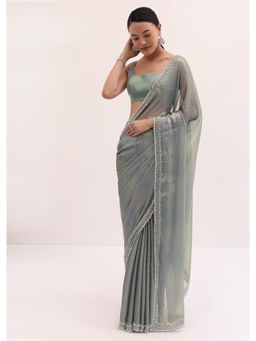 KALKI FASHION - Sea Green Embroidered Chiffon Saree with Unstitched Blouse
