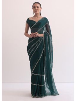 KALKI FASHION - Peacock Green Chiffon In Cut Dana Embellished Saree with Unstitched Blouse
