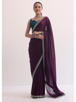 KALKI FASHION - Wine Jacquard In Stone Embroidery Saree with Unstitched Blouse