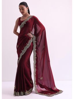 KALKI FASHION - Red Glass Tissue with Sequin Scallop Border Fabric Saree with Unstitched Blouse