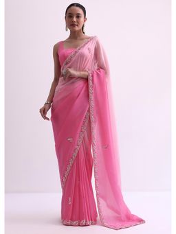 KALKI FASHION - Pink Ombre Shaded In Satin with Sequin Border Fabric Saree with Unstitched Blouse