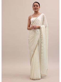 KALKI FASHION - White Embellished Satin Saree with Unstitched Blouse
