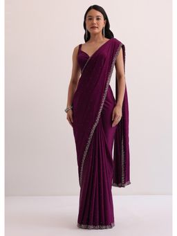 KALKI FASHION - Wine Satin with Cut Dana Embellished Saree with Unstitched Blouse