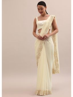 KALKI FASHION - Off White Embellished Saree with Unstitched Blouse