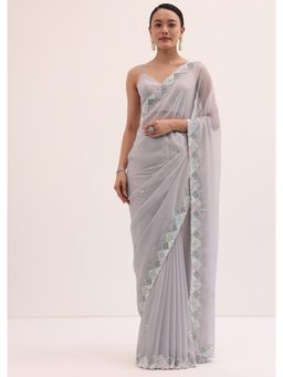 KALKI FASHION - Grey Embroidered Chiffon Saree with Unstitched Blouse