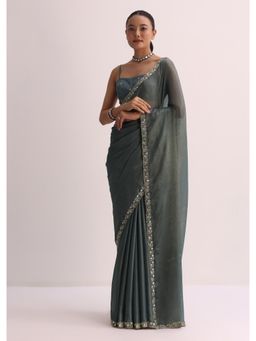 KALKI FASHION - Pencil Grey with Embroidered Border Saree with Unstitched Blouse