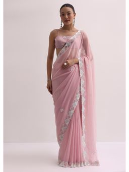 KALKI FASHION - Light Pink with Embroidered Border Saree with Unstitched Blouse