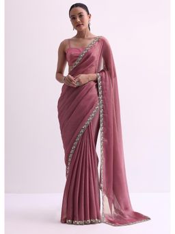KALKI FASHION - Onion Pink Textured Satin with Cutdana Work Fabric Saree with Unstitched Blouse