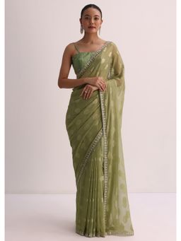 KALKI FASHION - Mehendi Green Embellished Saree with Unstitched Blouse