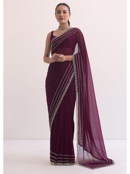 KALKI FASHION - Wine Georgette In Cutdana Embellished Saree with Unstitched Blouse