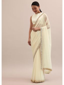 KALKI FASHION - Off White Embellished Georgette Saree with Unstitched Blouse