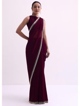 KALKI FASHION - Wine Georgette with Cutdana Work Border Fabric Saree with Unstitched Blouse
