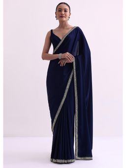 KALKI FASHION - Navy Blue Satin with Mirror Work Fabric- Saree with Unstitched Blouse