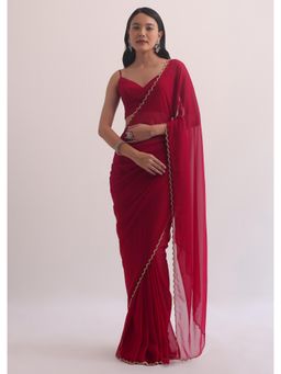 KALKI FASHION - Red Georgette with Cutdana Embellished Border Saree with Unstitched Blouse
