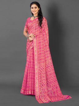 Akhilam - Women's Brasso Pink Printed Designer Saree with Unstitched Blouse
