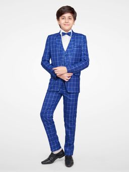 Jeetethnics - Boys Navy Checked Coat Suit With Waistcoat Shirt & Trousers (Set of 5)