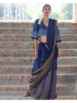 Chidiyaa - Anant Blue Block Printed Handwoven Linen Zari Saree