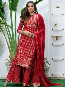 Lavanya The Label - Red Cotton Printed Long Kurta And Sharara (Set of 3)