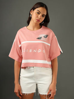 Bewakoof - Heavy Duty 1.0 Women's Pink Friends Gang Logo Graphic Printed Oversized Short Top
