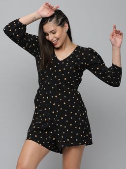 SHOWOFFFF - Womens V-neck Black Three-quarter Sleeves Printed Jumpsuit