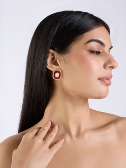 Pipa Bella by Nykaa Fashion - Red And Gold Pearl Enamel Rectangular Stud Earrings
