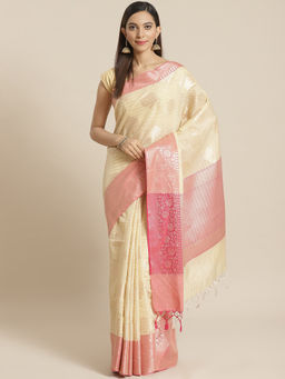 Indethnic - Banarasi Cream Woven Design Work Wear Saree With Unstitched Blouse