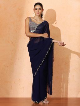Jaipur Kurti - Women Navy Blue Embroidered Pre-Draped Saree with Unstitched Blouse