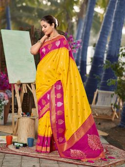 Manohari - Women Yellow Banarasi Silk Woven Saree with Unstitched Blouse