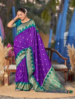 Manohari - Women Purple Banarasi Silk Woven Saree with Unstitched Blouse