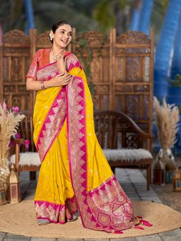 Manohari - Women Yellow Banarasi Silk Woven Saree with Unstitched Blouse