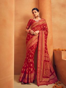 Elora - Poly Viscose Georgette Floral Bansarasi Designer Saree(Red)
