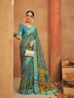 Elora - Poly Viscose Georgette Geomatric Bansarasi Designer Saree(Blue)