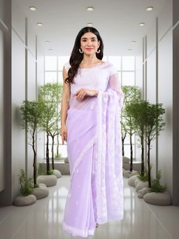 Seva Chikan - Women Lavender Georgette Embroidered Saree with Unstitched Blouse