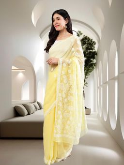 Seva Chikan - Women Yellow Georgette Embroidered Saree with Unstitched Blouse