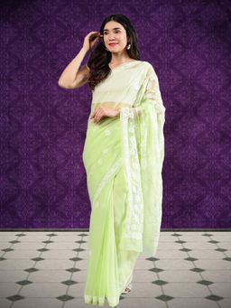 Seva Chikan - Women Green Georgette Embroidered Saree with Unstitched Blouse