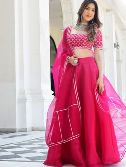 Lavanya The Label - Pink Embroidered Organza Lehenga Set (Set of 3)
