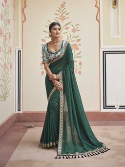 Odette - Green Two Tone Vichitra Silk Embroidered Saree with Unstitched Blouse