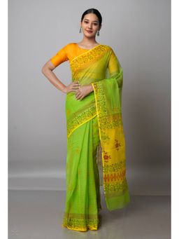 Unnati Silks - Parrot Green Pure Block Printed Kota Cotton Saree with Unstitched Blouse