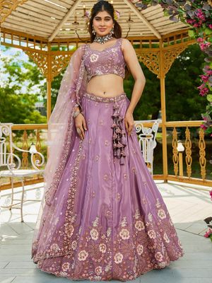 Rose Gold Chinon Sequins Embroidery Lehenga Choli & Dupatta - Rent main image 0