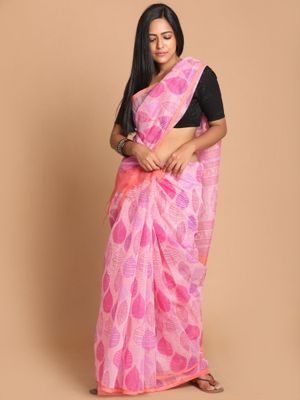 Buy Indethnic Pink Printed Cotton Blend Saree with Unstitched Blouse Online