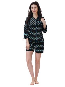 PIU - Womens Cotton Nightsuit Shorts Set - Black (Set of 2)