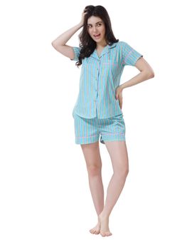 PIU - Womens Cotton Nightsuit Shorts Set - Blue (Set of 2)