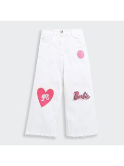 TINY GIRL - Barbie White Wide Leg Jeans With Heart & Logo Patch Detailing & Frayed Hem