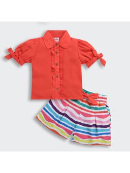 TINY GIRL - Barbie Collar Neck Frill Top with Button & Printed Shorts