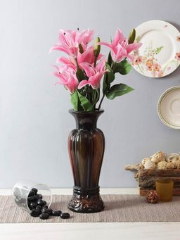 Fourwalls - Artificial Real Touch Lily Flower Bunch for Home Decor (5 Heads, 55 cm Tall, Dark-Pink)