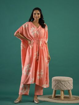 Gahan - Silk Blend Floral Printed Peach Kaftan Kurta & Pant (Set of 2)